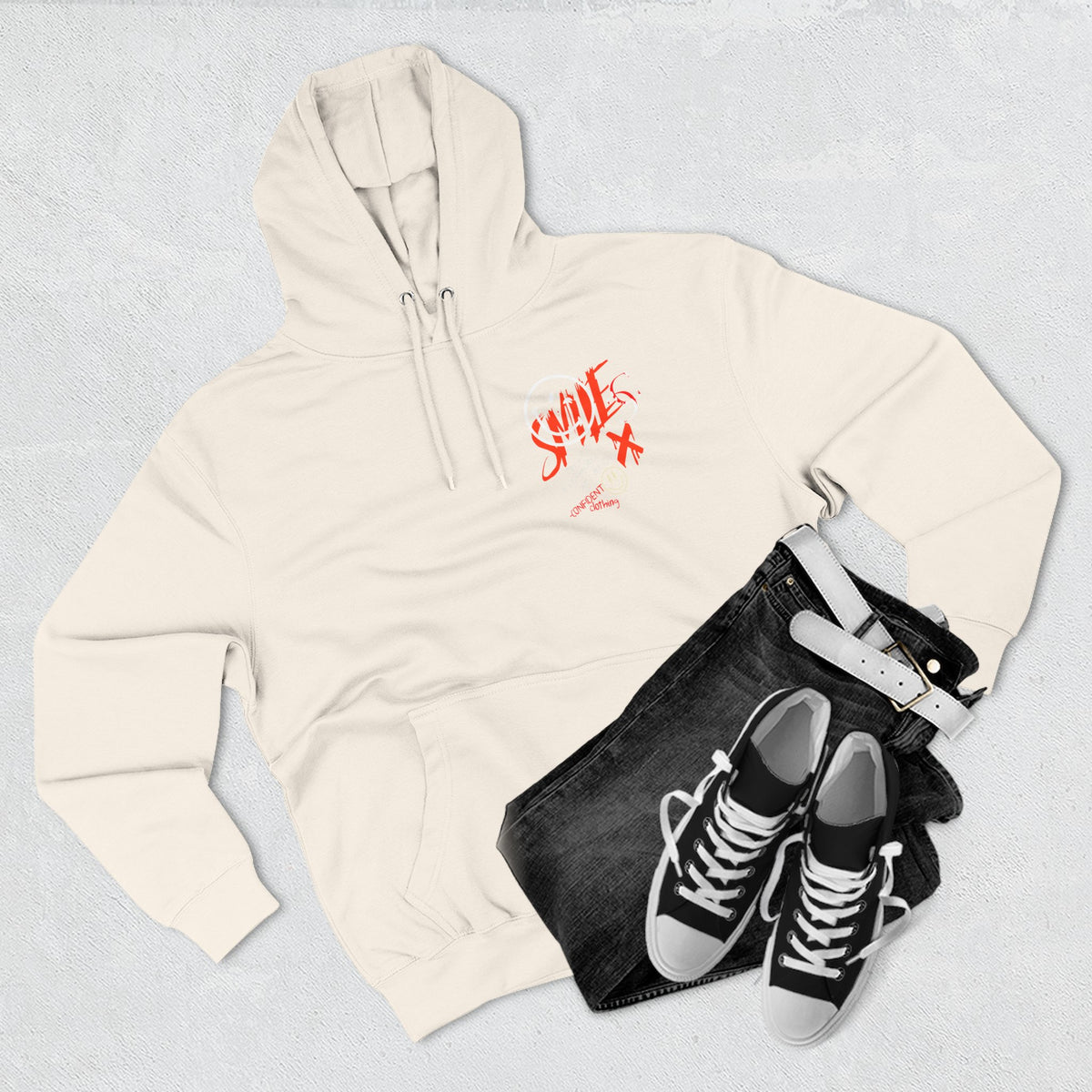 1.5 Confident Clothing Graffiti Hoodie – White “SMILE” Graphic