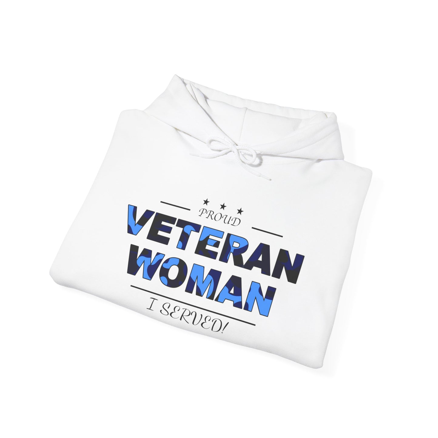 Proud Veteran Woman White Hoodie (blue logo)