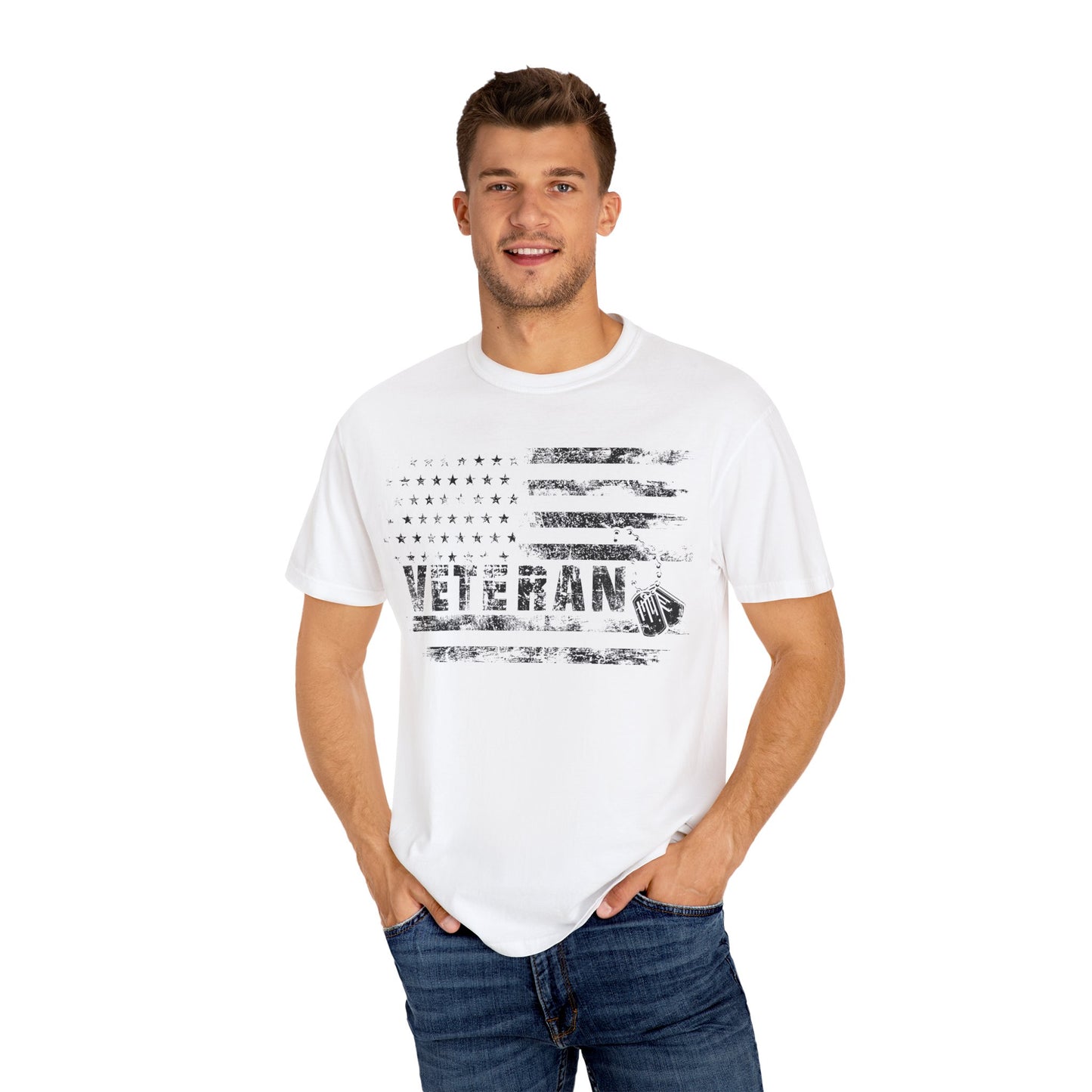Veteran 1 Unisex Garment-Dyed T-shirt (white) black logo
