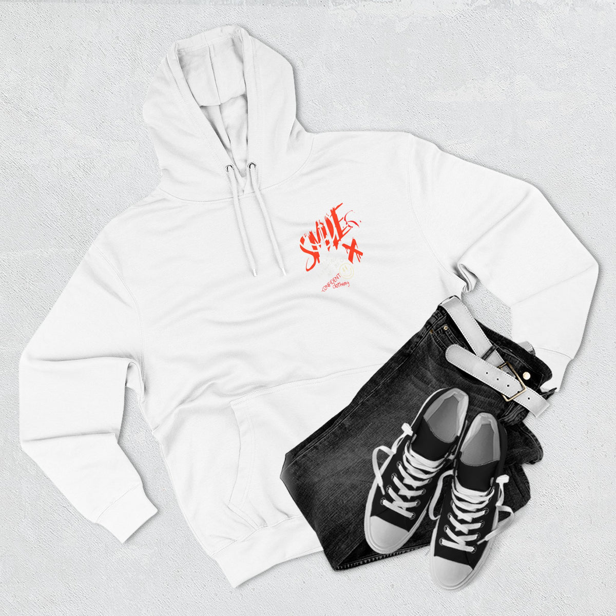 1.5 Confident Clothing Graffiti Hoodie – White “SMILE” Graphic