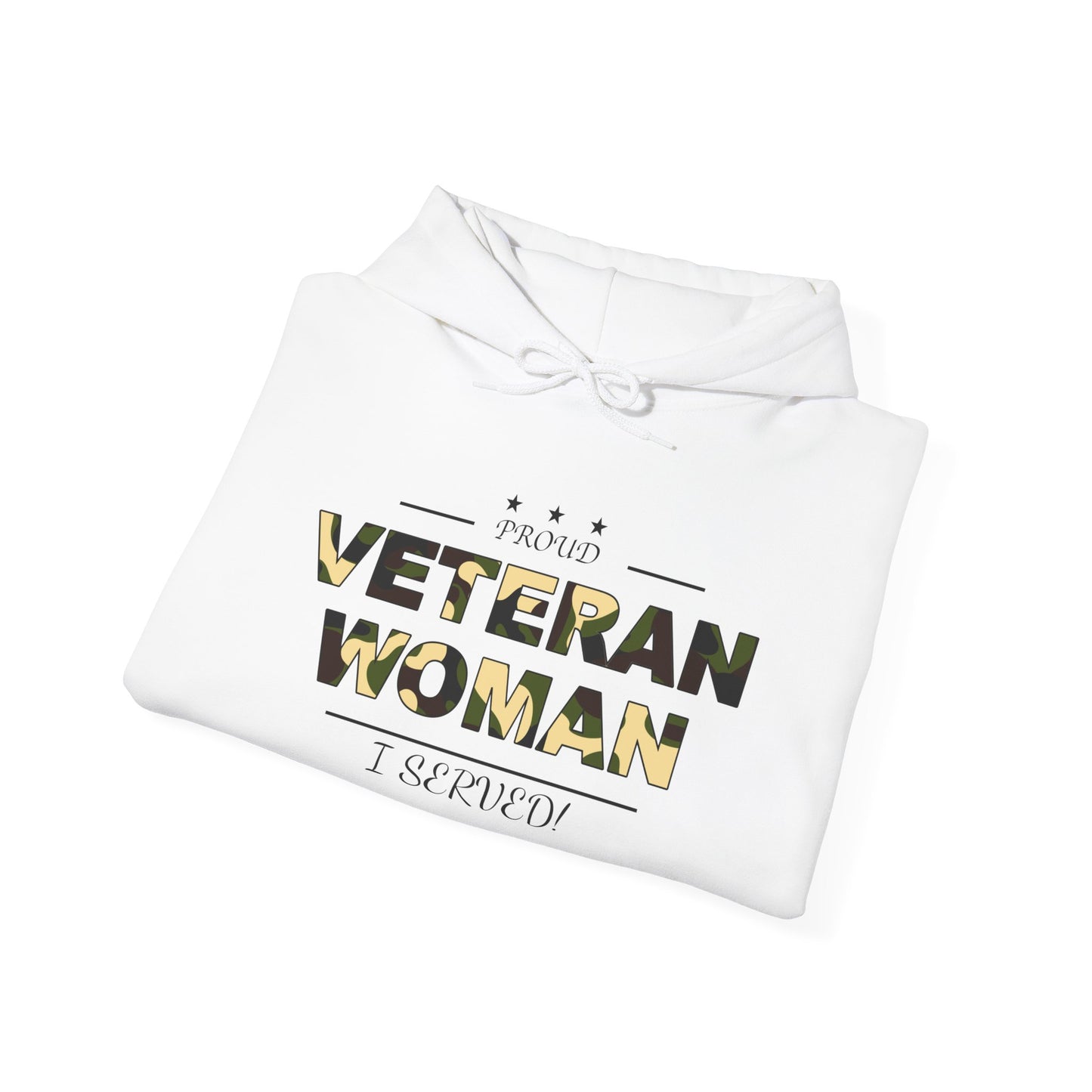 Proud Veteran Woman White Hoodie (traditional camoflouge logo)